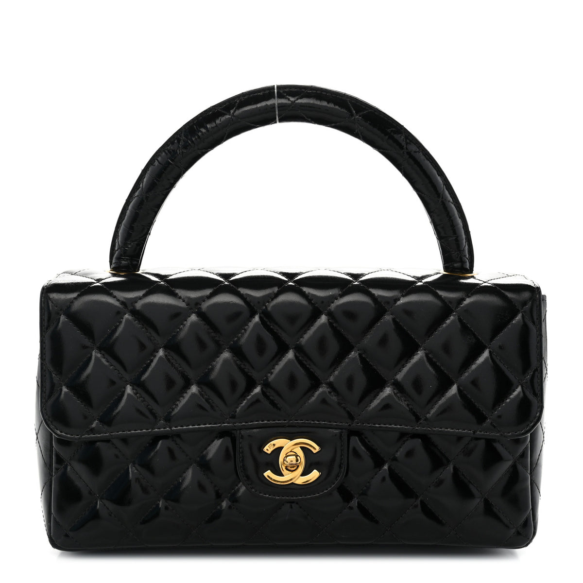 Patent Quilted Medium Rectangular Kelly Flap Bag Black