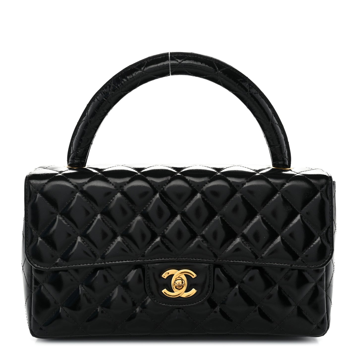 Patent Quilted Medium Rectangular Kelly Flap Bag Black