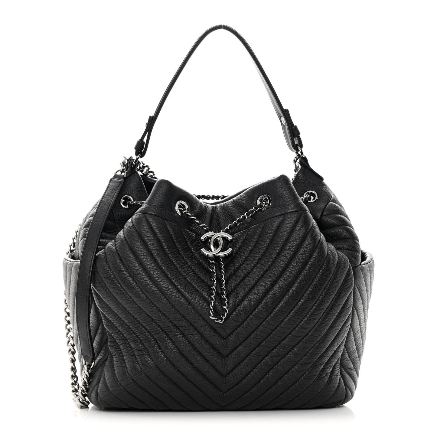 Deerskin Chevron Large CC Chain Bucket Drawstring Bag Black