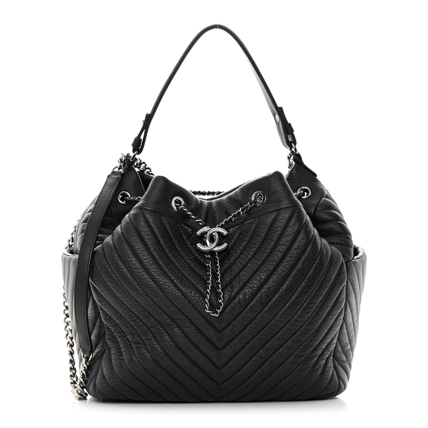 Chanel Deerskin Chevron Large CC Chain Bucket Drawstring Bag Black 1 of 15