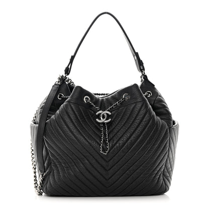 Chanel Deerskin Chevron Large CC Chain Bucket Drawstring Bag Black 1 of 15