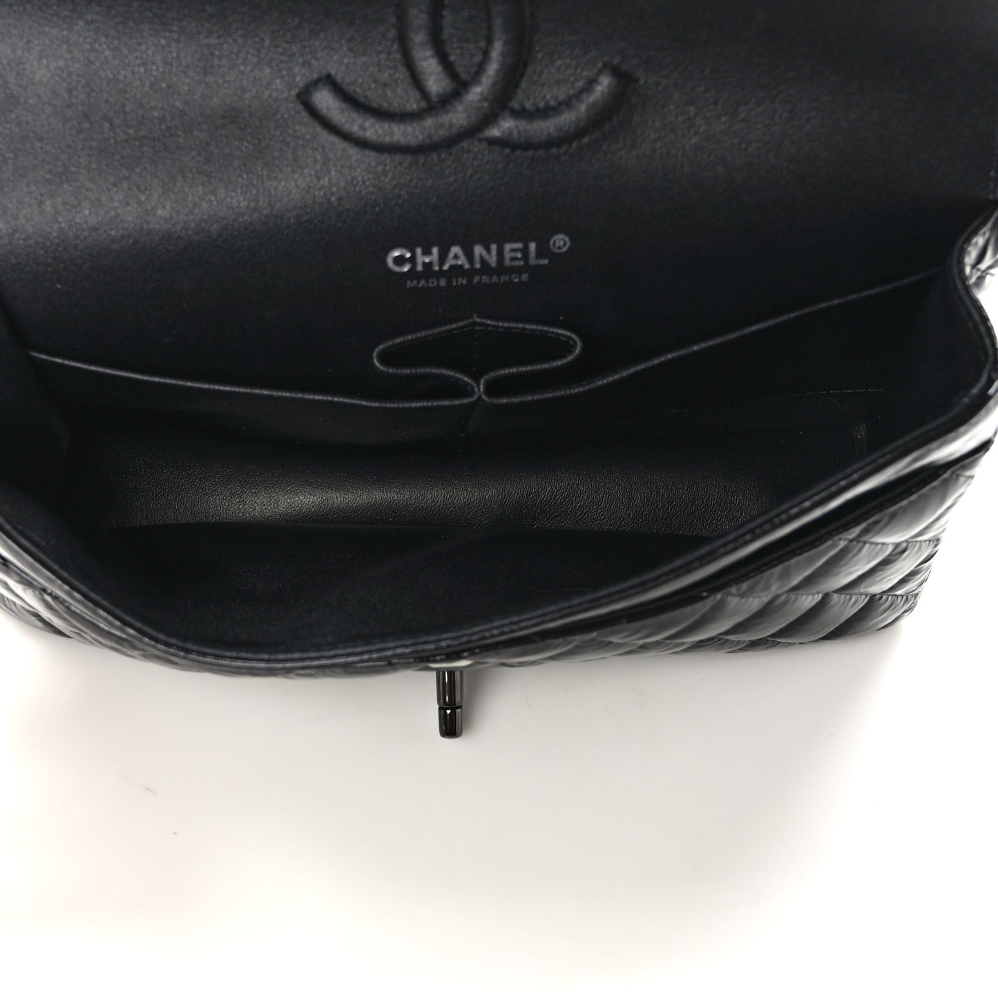 Shiny Crumpled Calfskin Quilted Medium Double Flap So Black