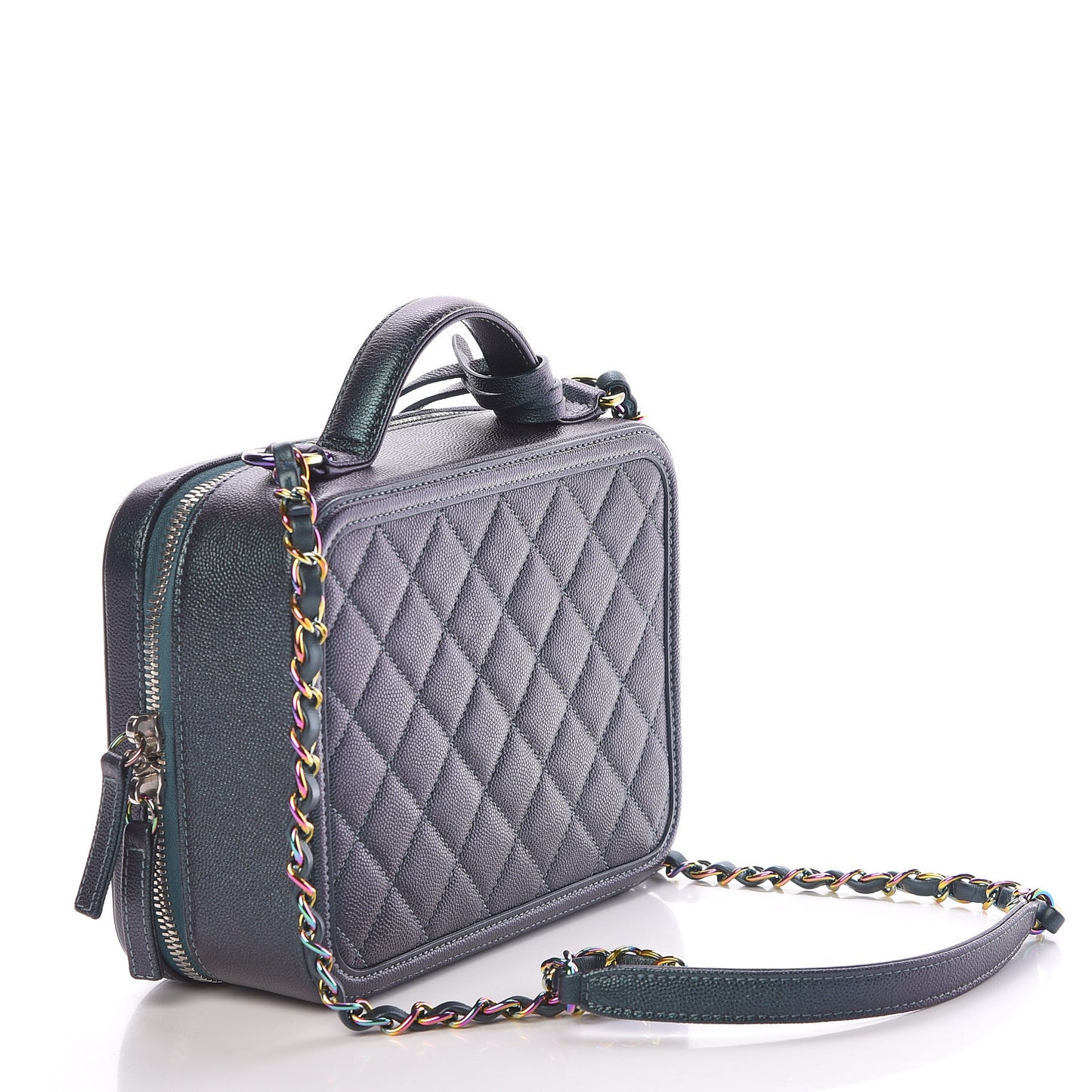 Iridescent Caviar Quilted Medium CC Filigree Vanity Case Dark Turquoise