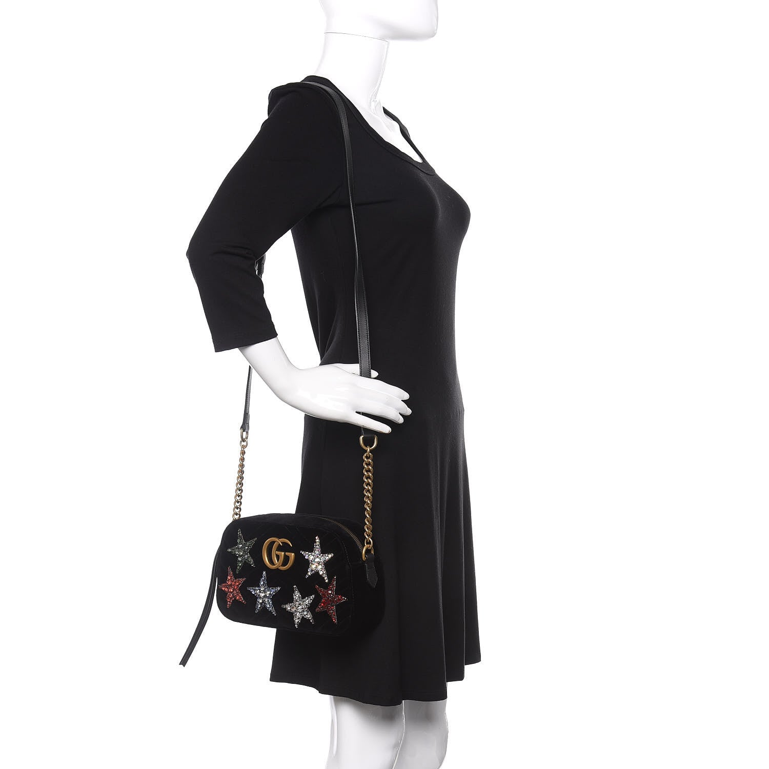 Gucci Velvet Matelasse Crystal Star Embroidered Small GG Marmont Chain Shoulder Bag Black 2 of 8