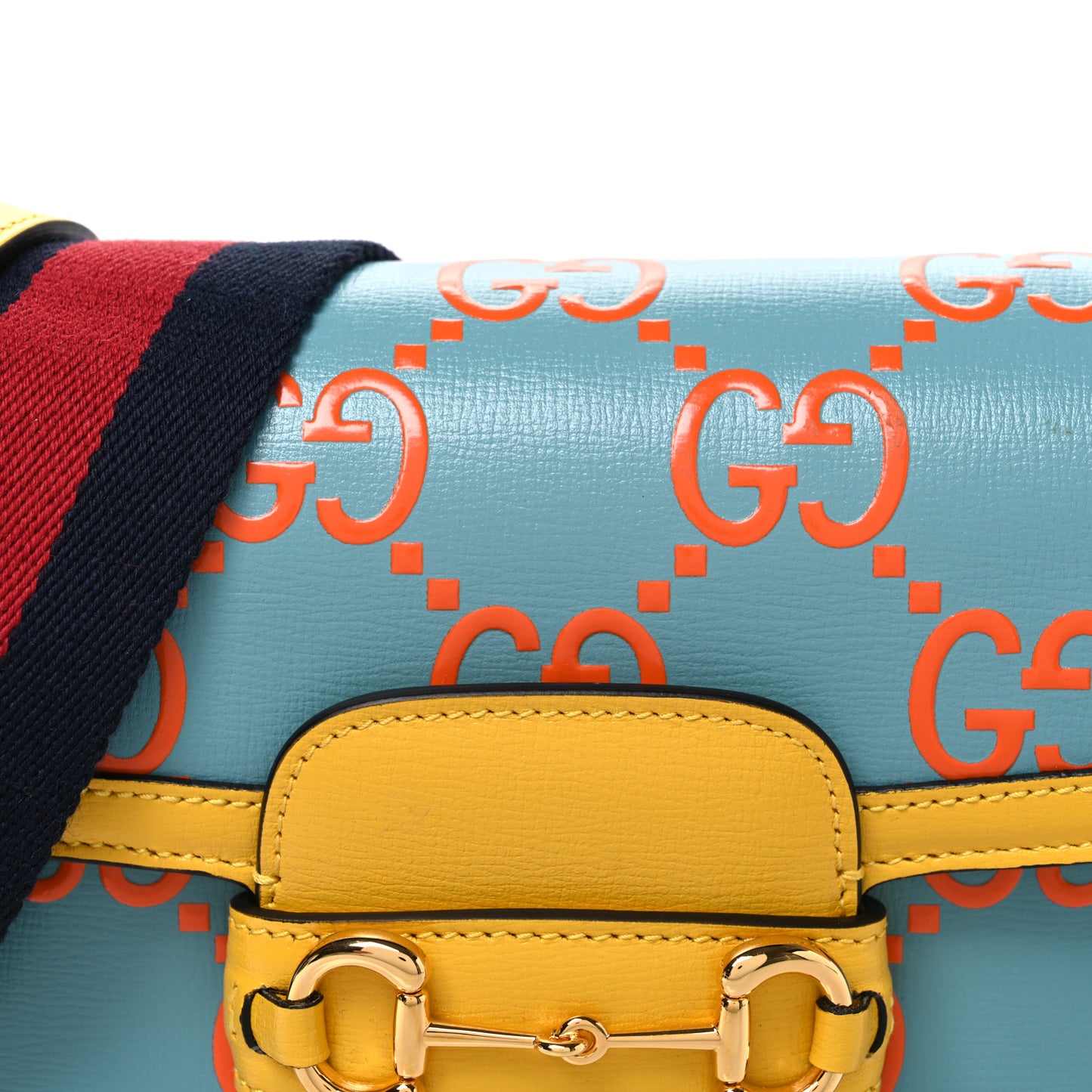 Azalea Calfskin GG Monogram Bi-Color Debossed Horsebit 1955 Shoulder Bag Dusty Azure Stone Topaz Deep Orange