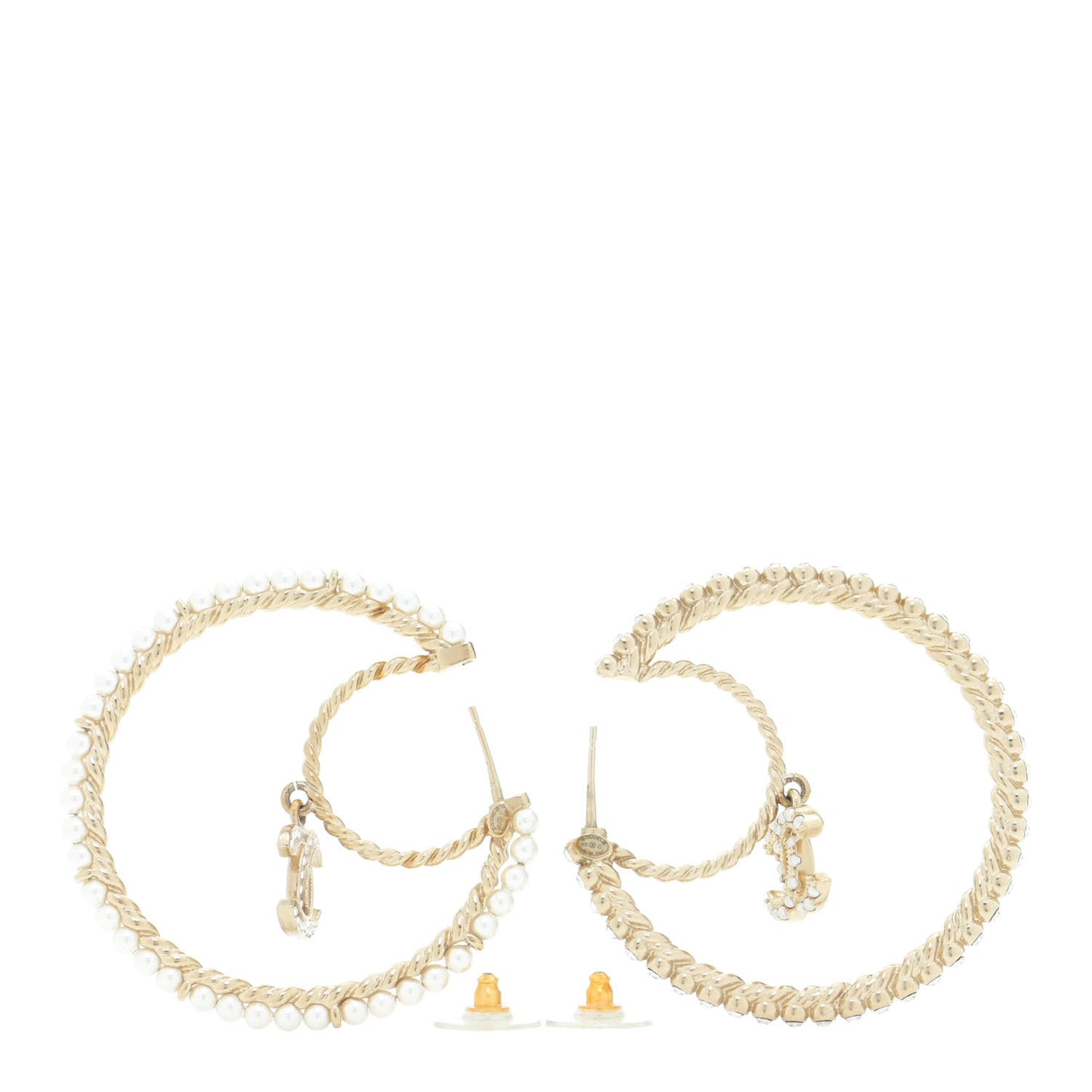 Crystal Pearl CC Drop Hoop Earrings Gold Pearly White