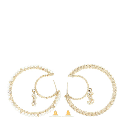 Chanel Crystal Pearl CC Drop Hoop Earrings Gold Pearly White 3 of 5