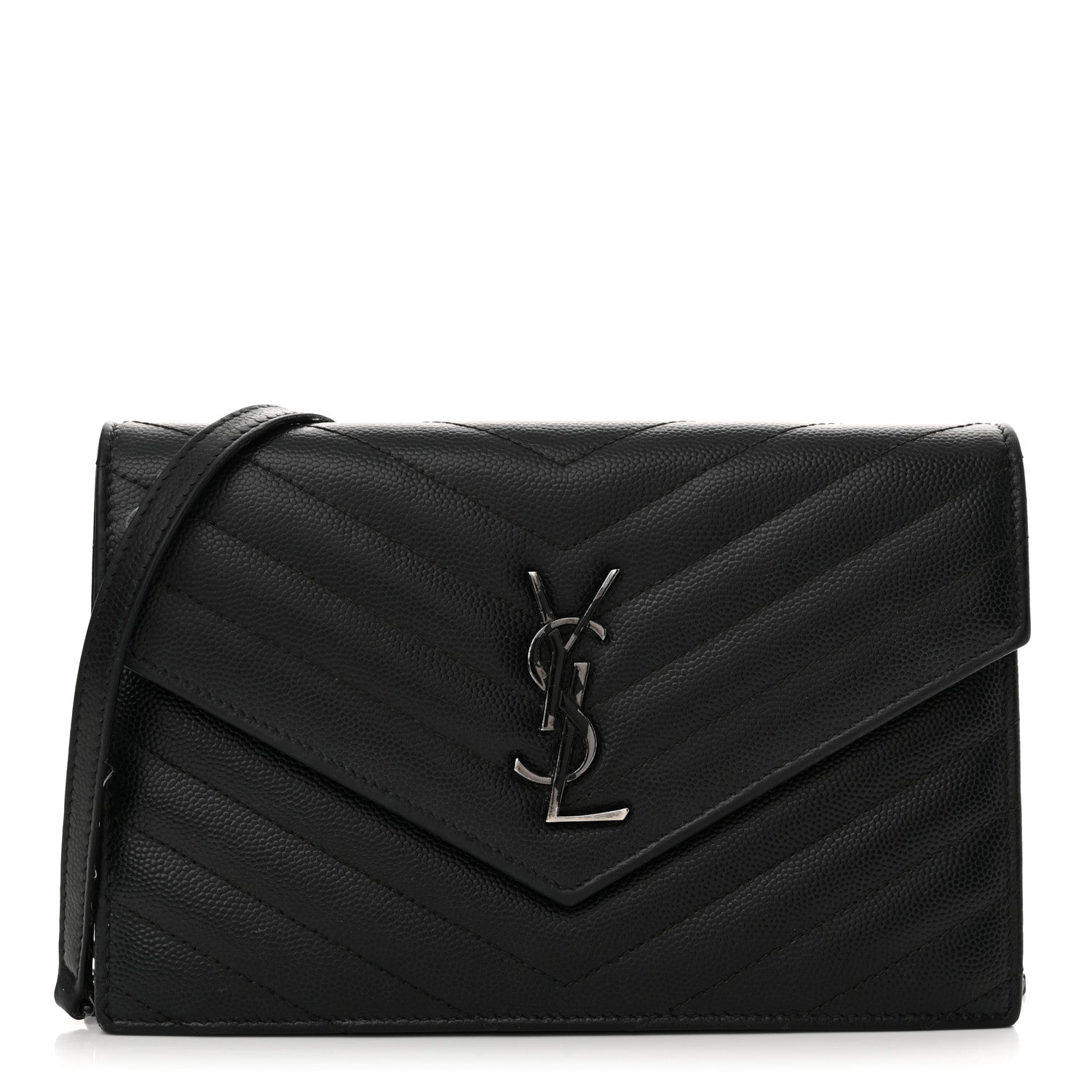 Saint Laurent Grain De Poudre Matelasse Chevron Monogram Monochrome Envelope Chain Wallet Black 1 of 18