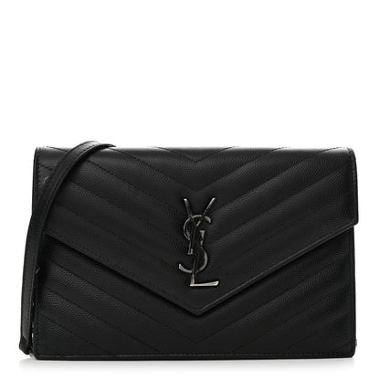 Saint Laurent Grain De Poudre Matelasse Chevron Monogram Monochrome Envelope Chain Wallet Black 1 of 18