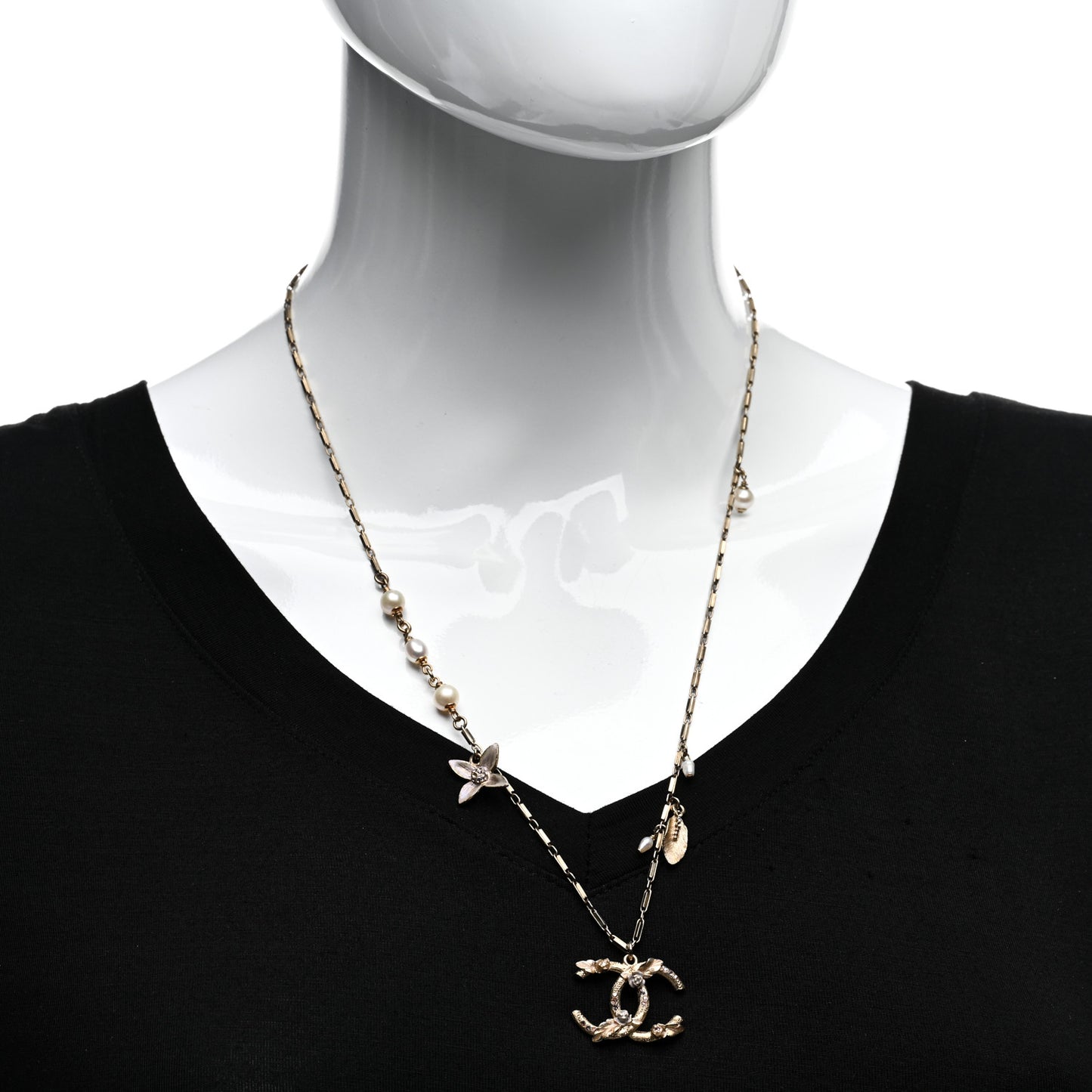 Crystal Pearl CC Camellia Flower Necklace Gold