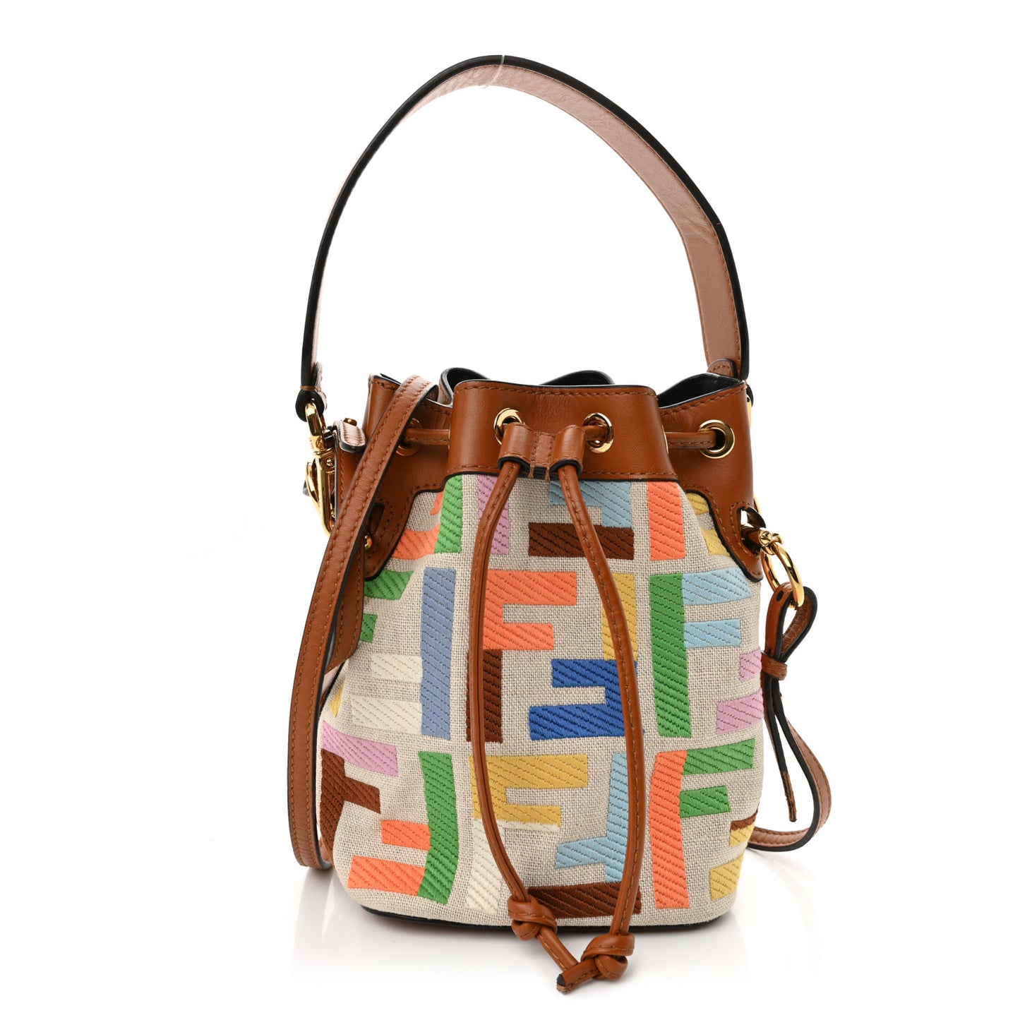 Kuban Canvas Vitello King F is Fendi FF Embroidered Mini Mon Tresor Bucket Bag Multicolor Cuoio