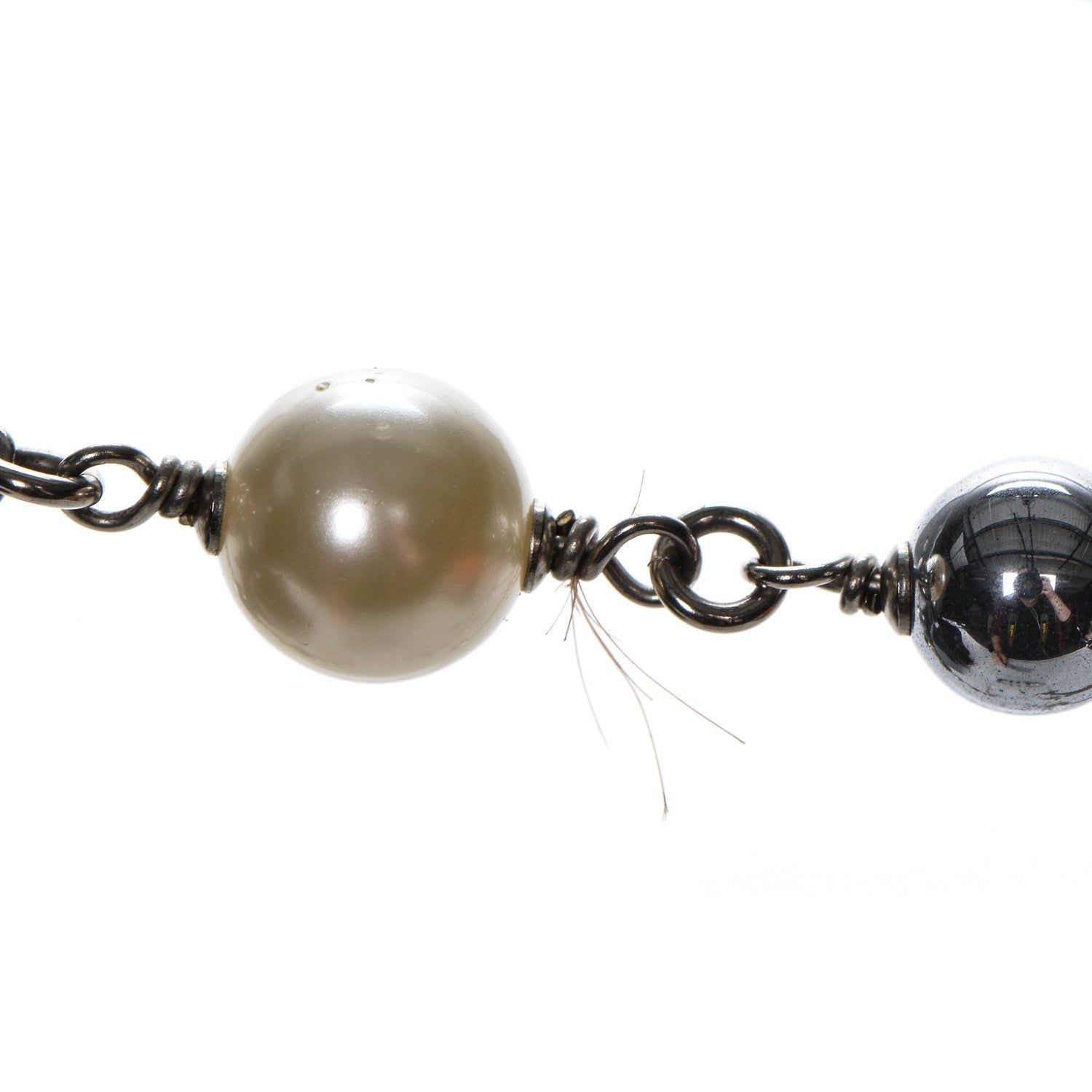 Chanel Pearl Bead Enamel CC Long Necklace Silver Black Grey 6 of 6