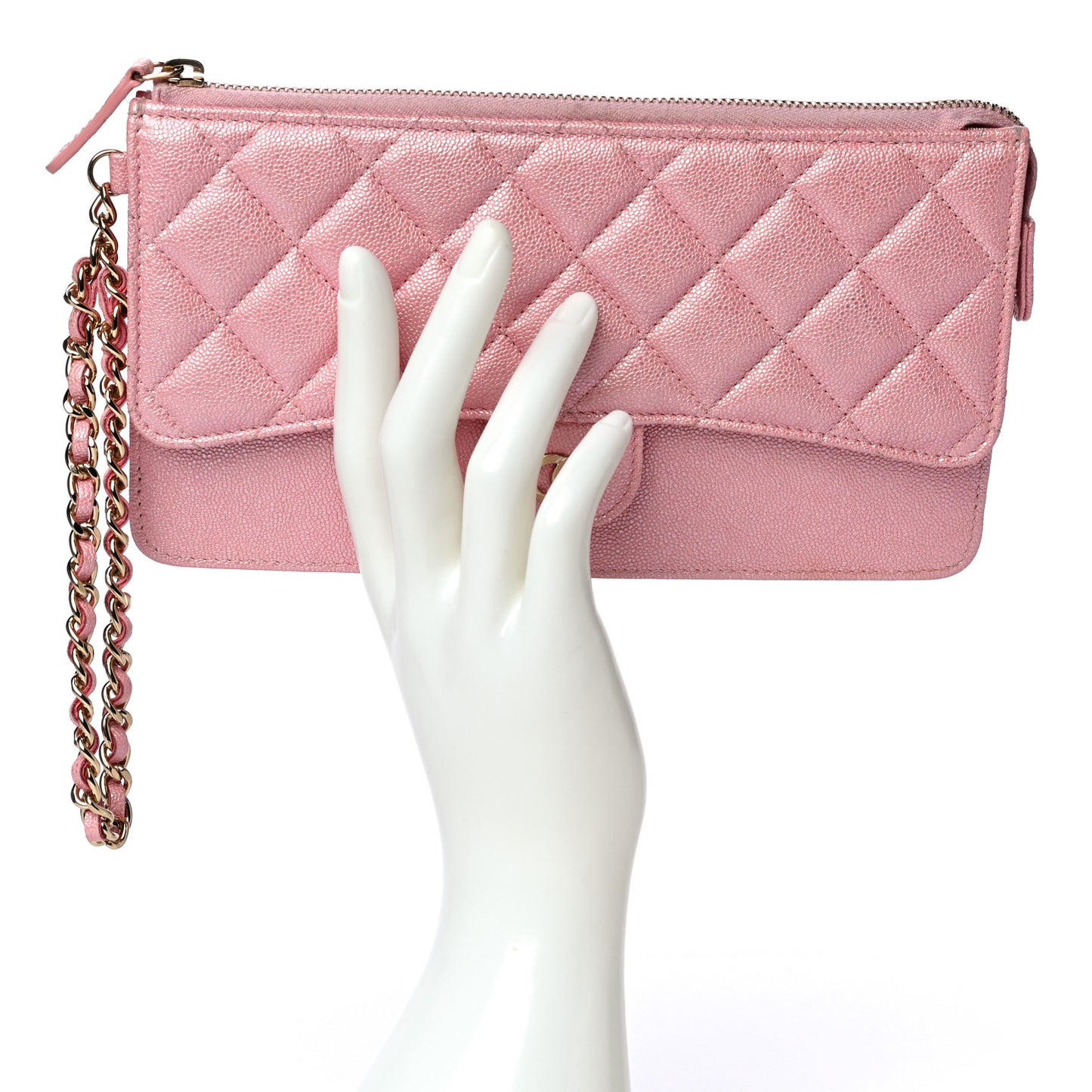 Iridescent Caviar Quilted Classic Pouch With Handle Rose Pink