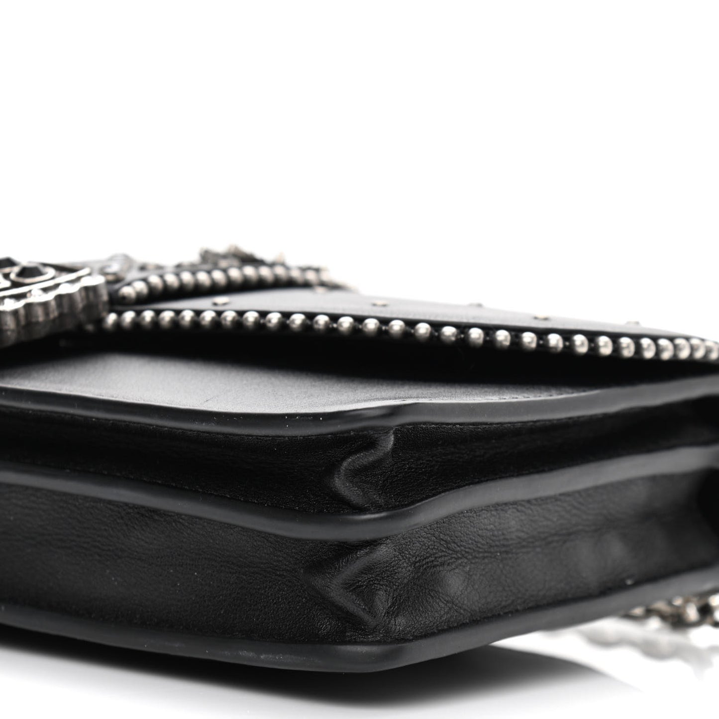 Smooth Calfskin Crystal Stud Embellished Clutch Chain Wallet Black