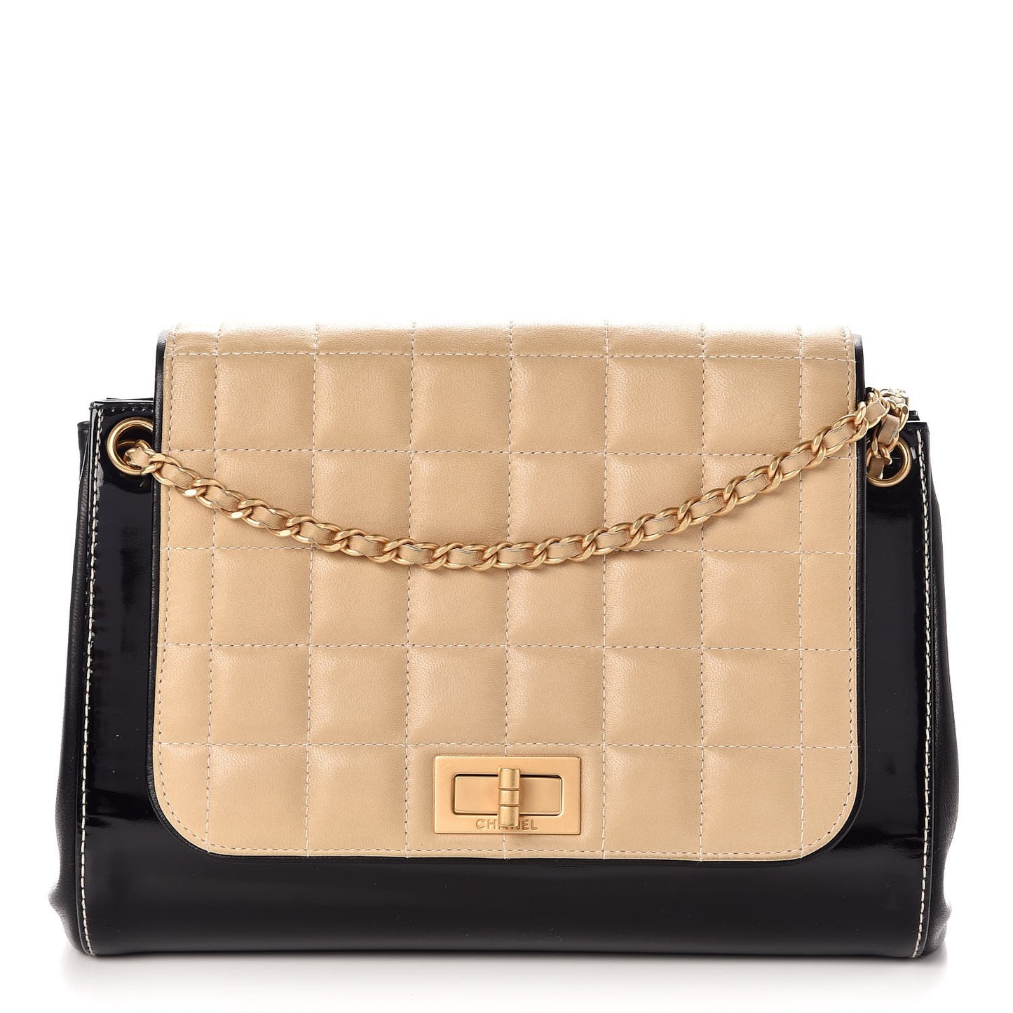 Patent Lambskin Chocolate Bar Accordion Flap Black Beige