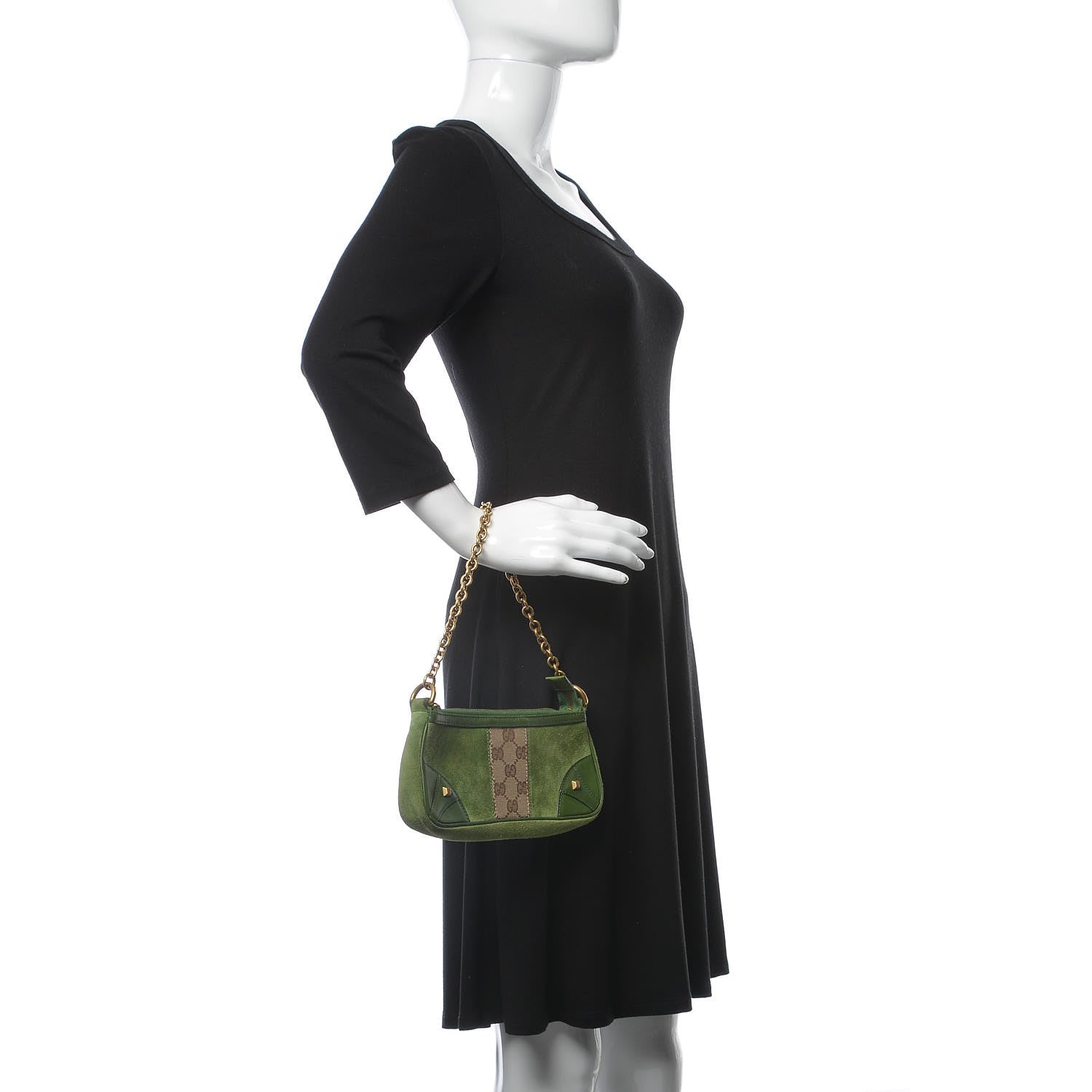 Gucci Suede Monogram Horsebit Nail Chain Pochette Green 2 of 11
