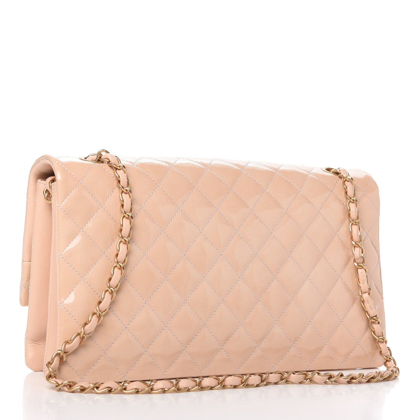 Patent Goatskin Quilted 3 Pocket Accordion Flap Beige