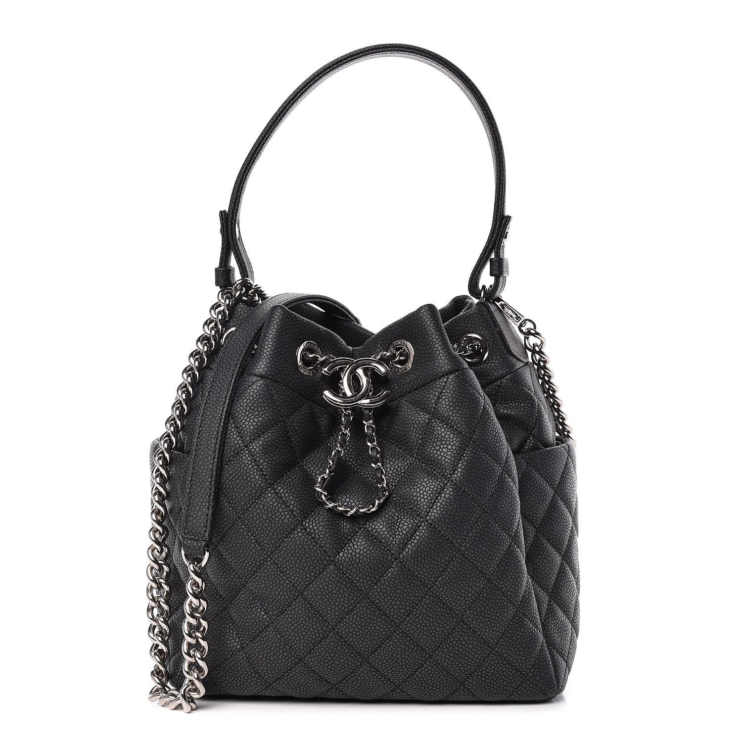 Chanel Caviar Flat Quilted CC Chain Bucket Drawstring Bag Black 1 of 9