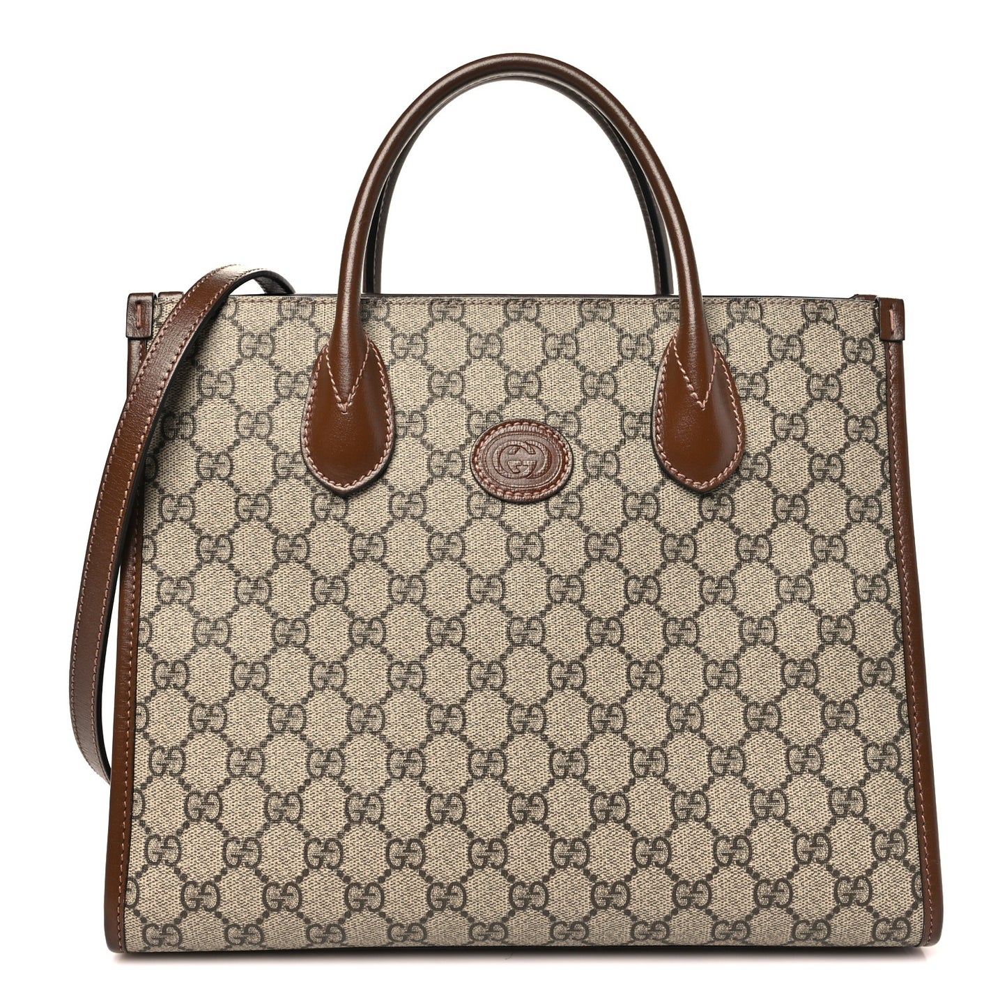 GG Supreme Monogram Azalea Calfskin Small Retro Interlocking G Tote Bag Beige Ebony Brown Sugar