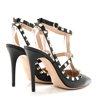 Valentino Garavani Pebbled Calfskin Rockstud Ankle Strap 100mm Pumps 37.5 Black 4 of 18