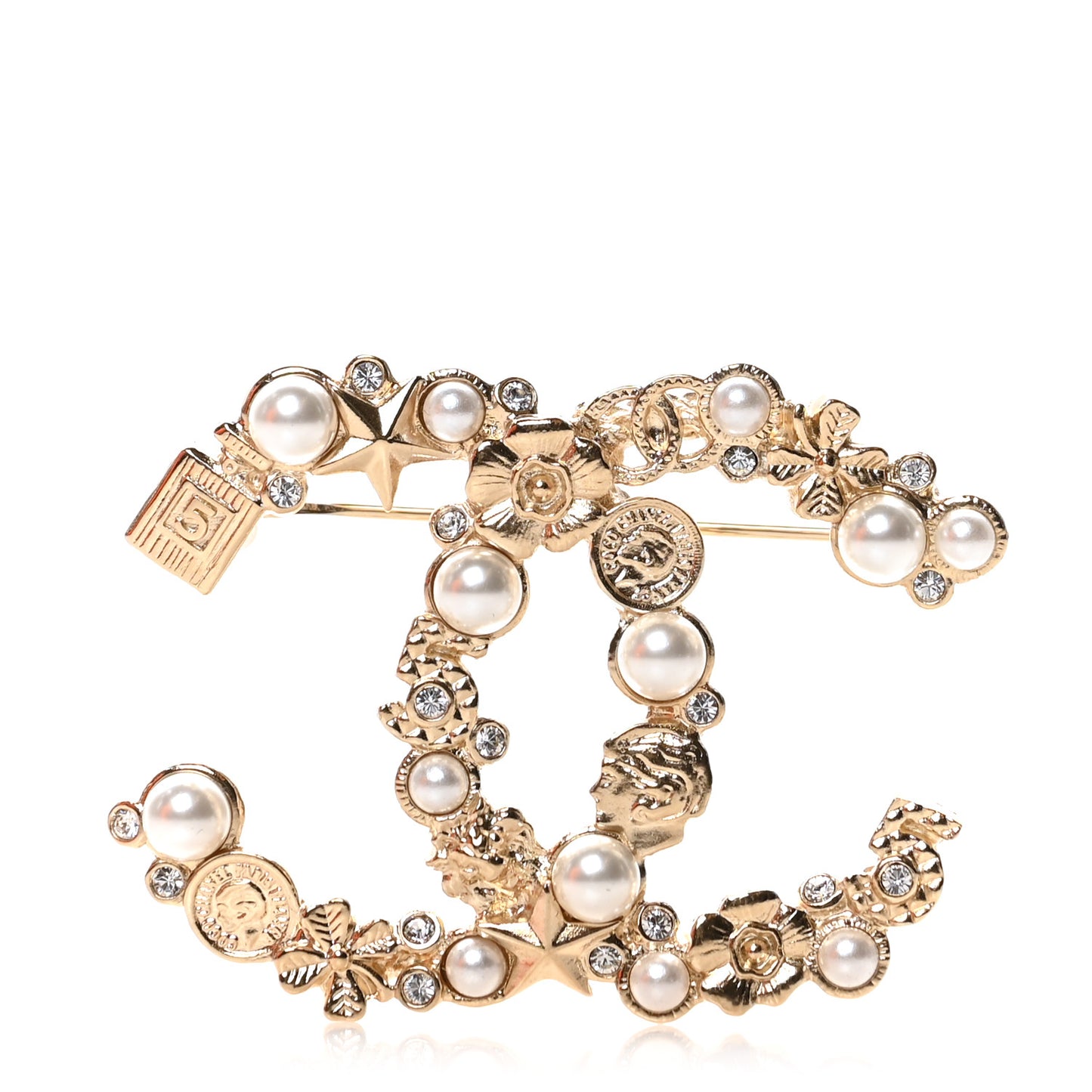 Crystal Pearl CC Charms Brooch Gold