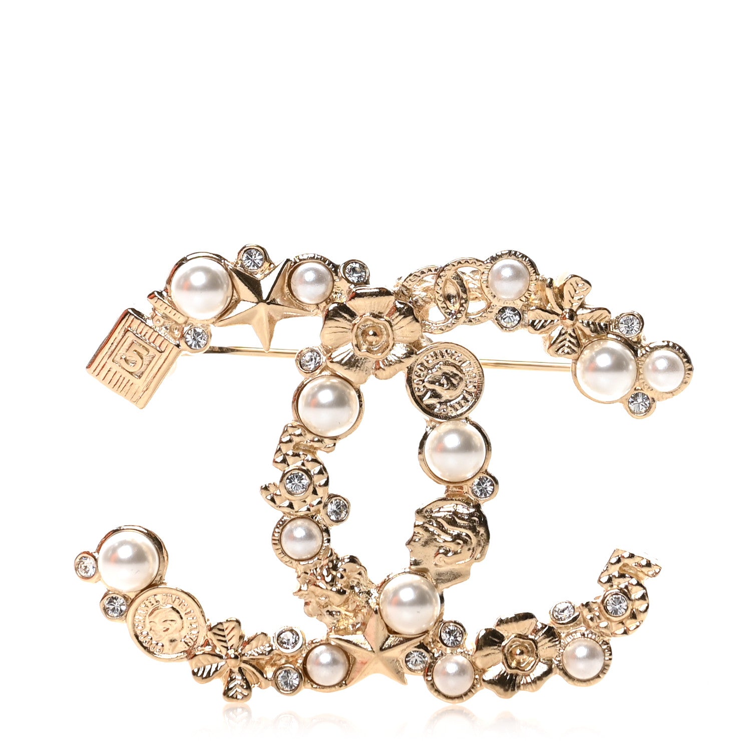 Chanel Crystal Pearl CC Charms Brooch Gold 1 of 4