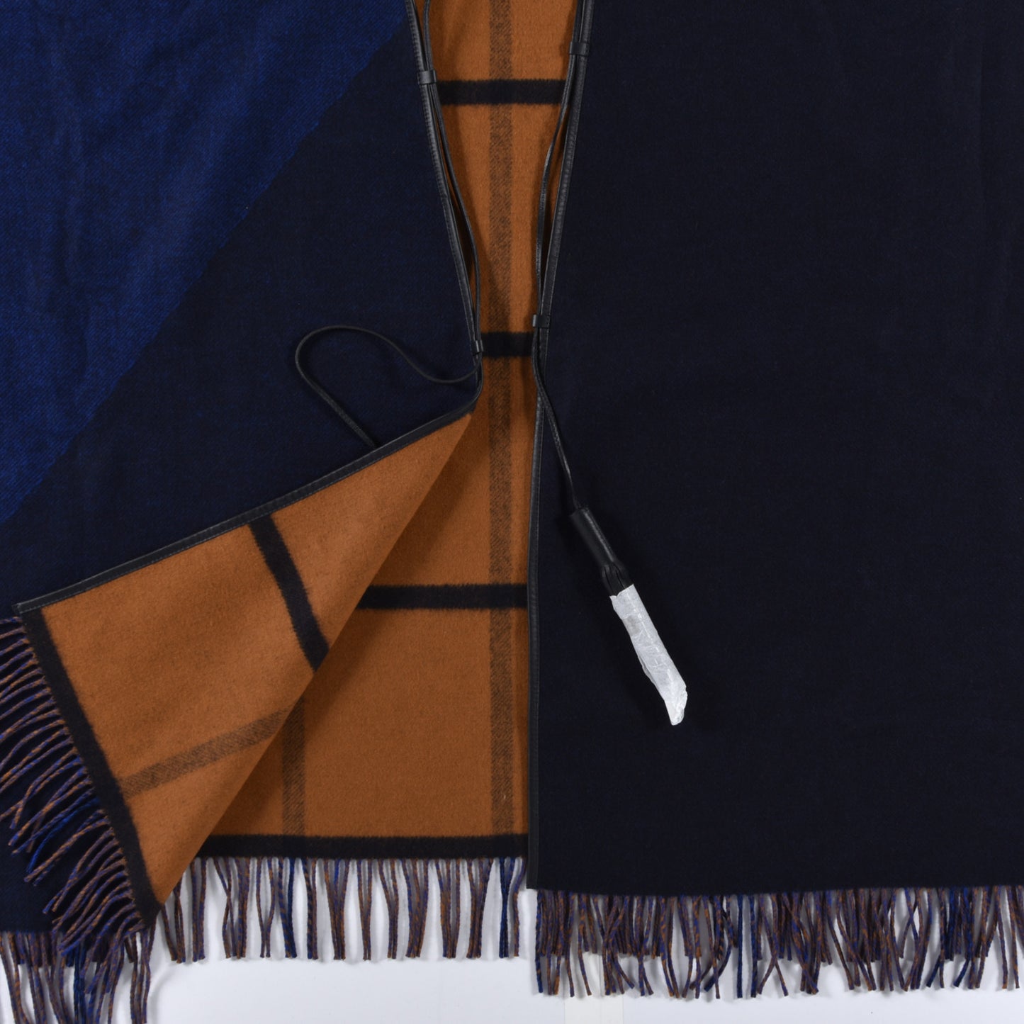 Wool Calfskin Reversible Highlands Poncho Navy Royal Fauve