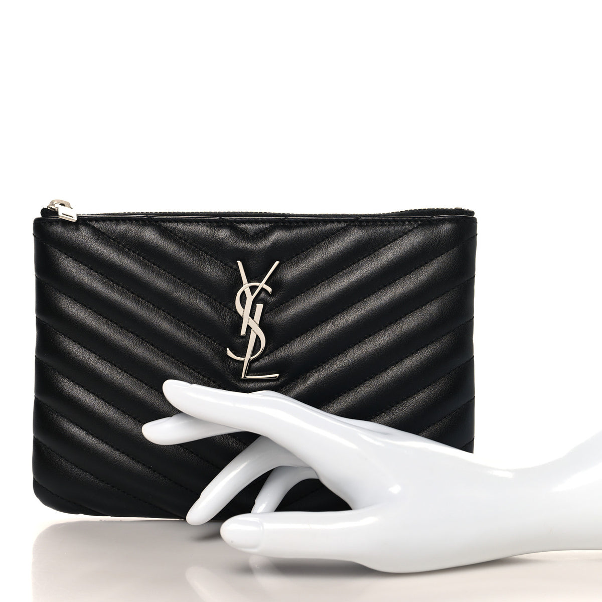 Saint Laurent Calfskin Matelasse Chevron Monogram Pouch Black 2 of 8