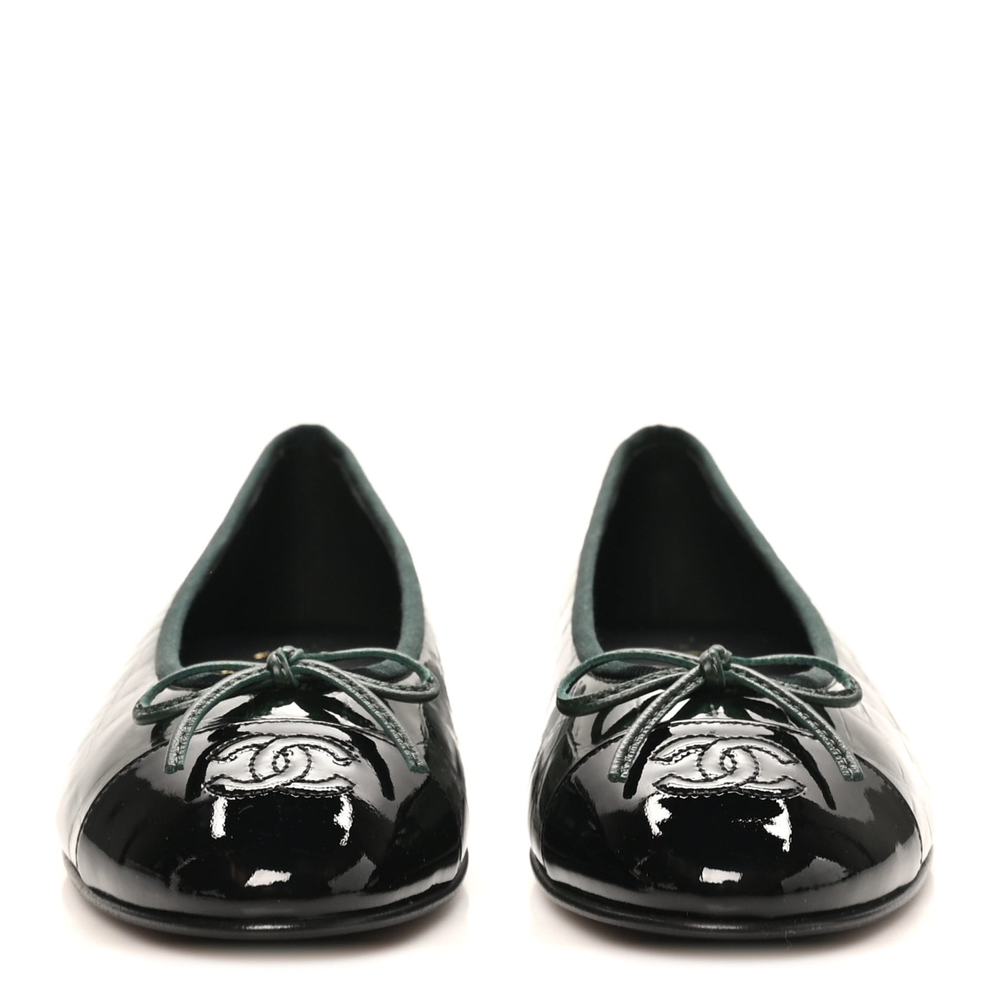 Crocodile Embossed Patent Calfskin Cap Toe CC Ballerina Flats 38 Dark Green Black
