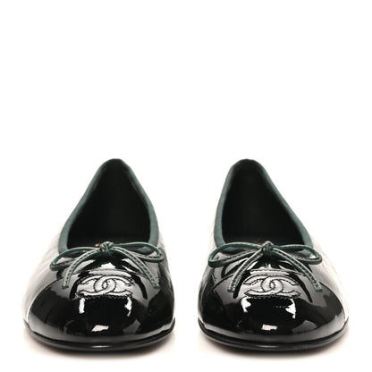 Chanel Crocodile Embossed Patent Calfskin Cap Toe CC Ballerina Flats 38 Dark Green Black 3 of 10