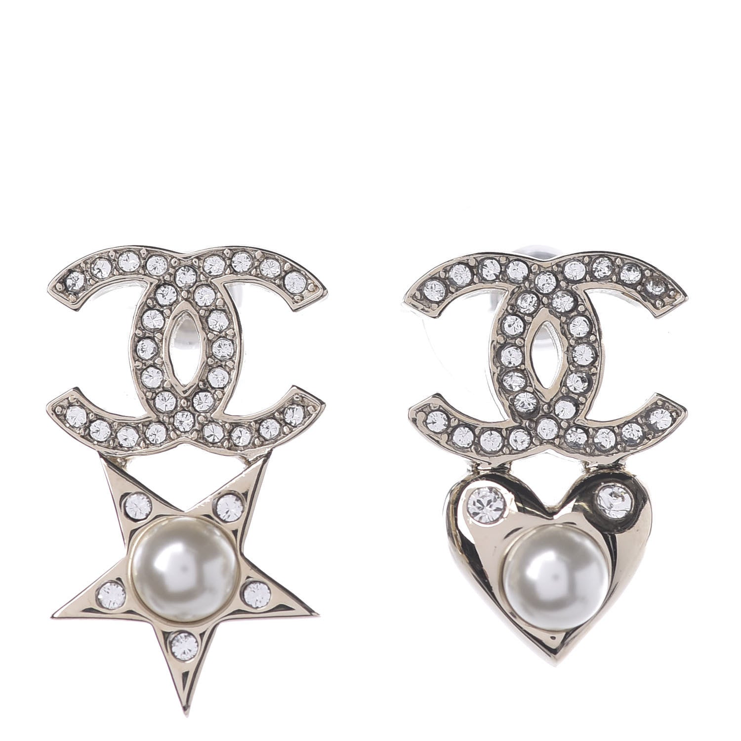 Chanel Crystal Pearl Charming Winter CC Star Heart Earrings Gold 1 of 3