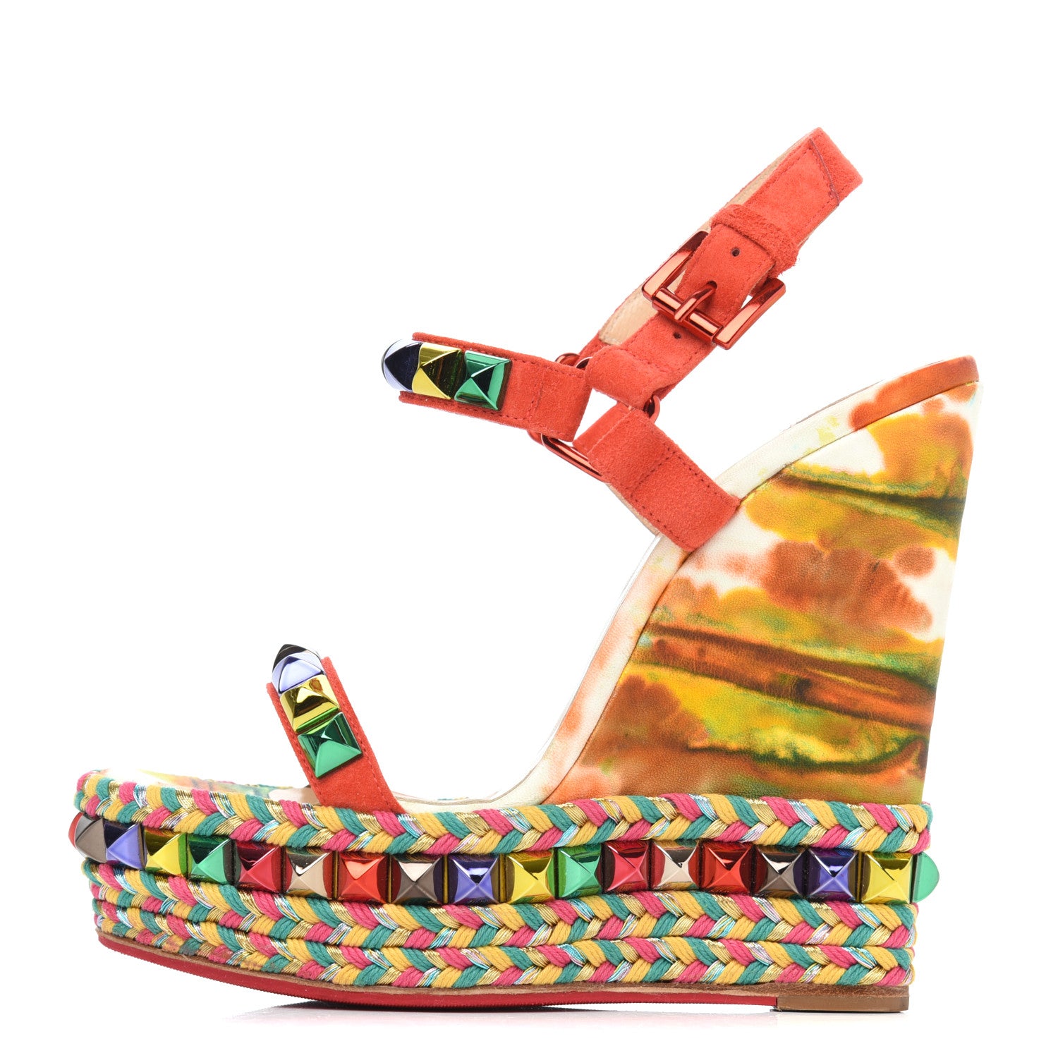 Christian Louboutin Lambskin Suede Cubana Cataclou 140 Wedge Sandals 35 Poppy 1 of 24