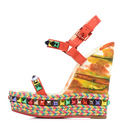 Christian Louboutin Lambskin Suede Cubana Cataclou 140 Wedge Sandals 35 Poppy 1 of 24