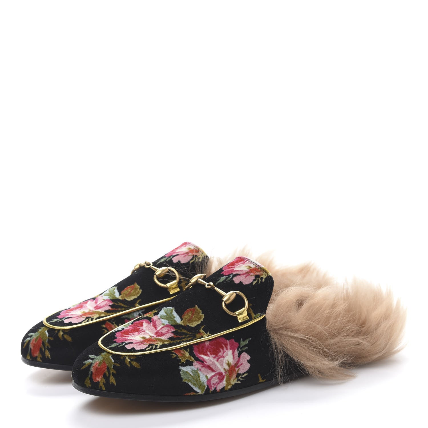 Gucci Velvet Fur Floral Womens Princetown Slippers 36 Black 3 of 8