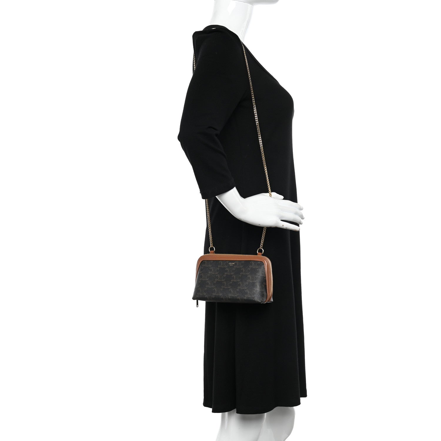 Celine Triomphe Canvas Lambskin Clutch On Chain Tan 2 of 11