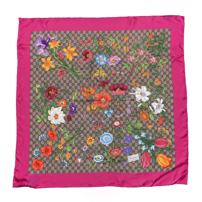 Gucci Silk Twill GG Monogram Flora Fluo GG Square Scarf Beige Pink 1 of 5