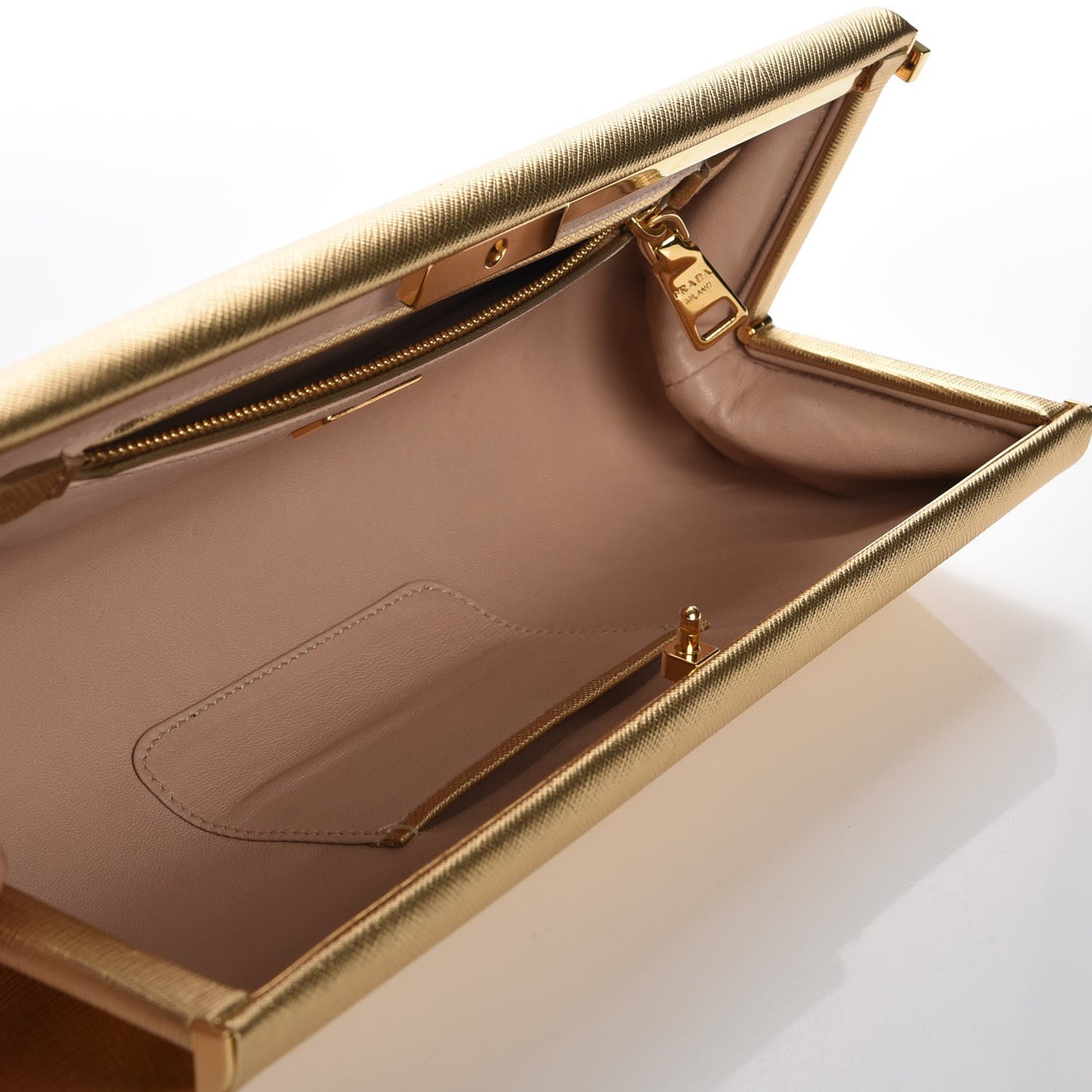 Metallic Saffiano Lux East West Frame Clutch Platino