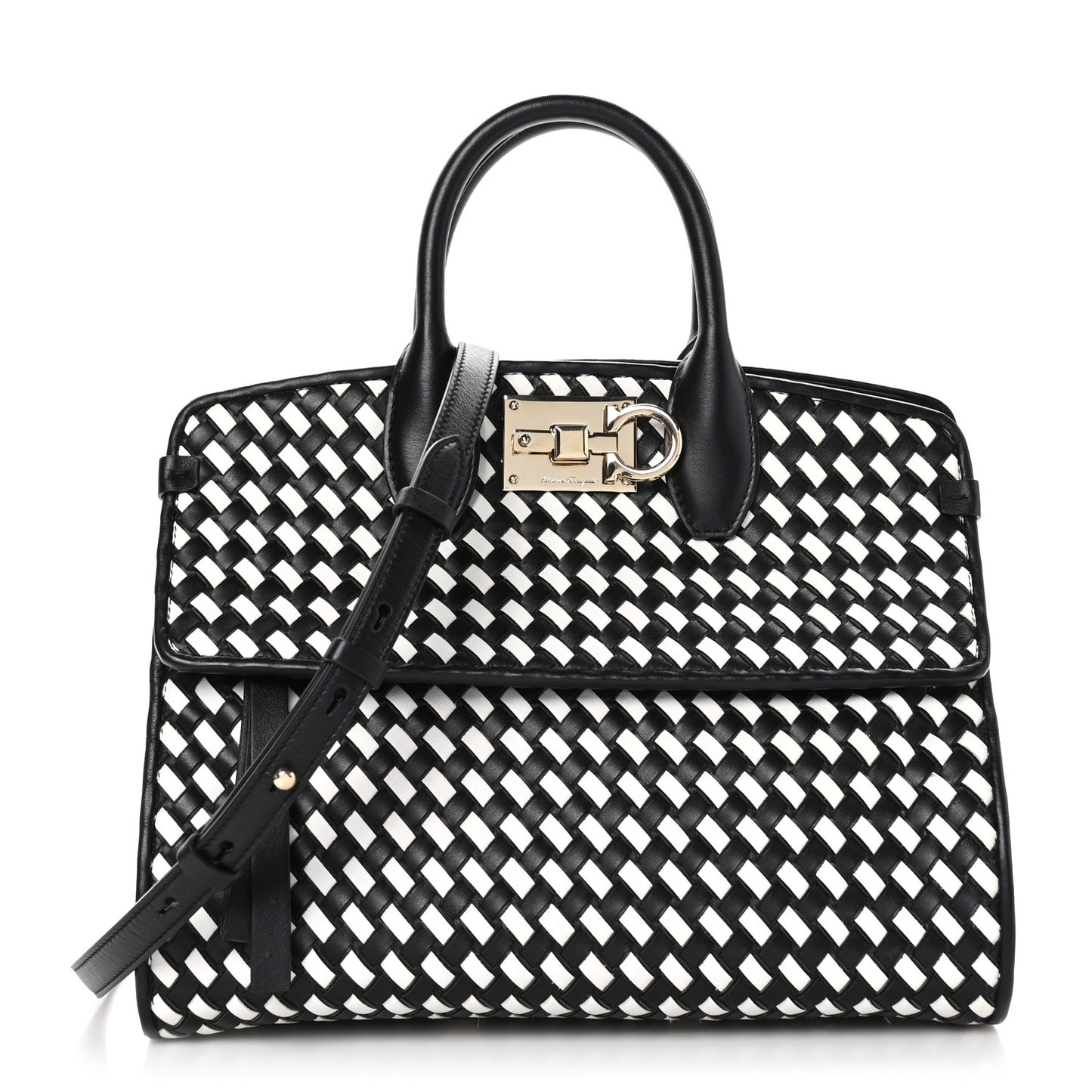 Woven Calfskin Medium Studio Top Handle Bag Black White