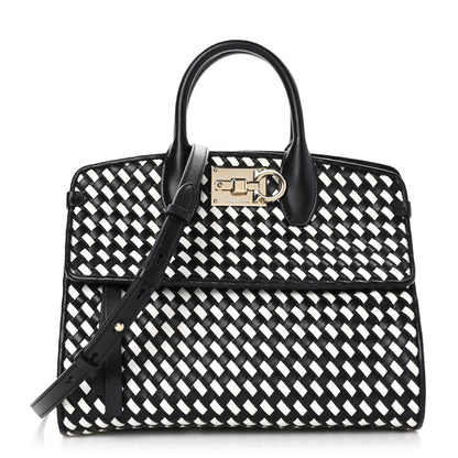Salvatore Ferragamo Woven Calfskin Medium Studio Top Handle Bag Black White 1 of 9