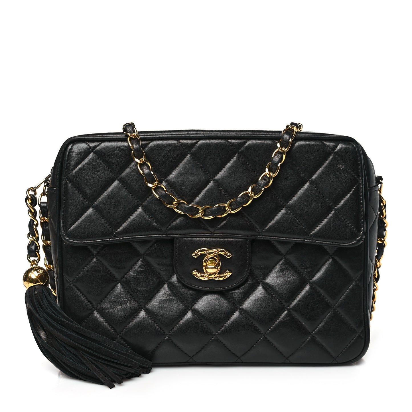 Lambskin Quilted Tassel Camera Case Black