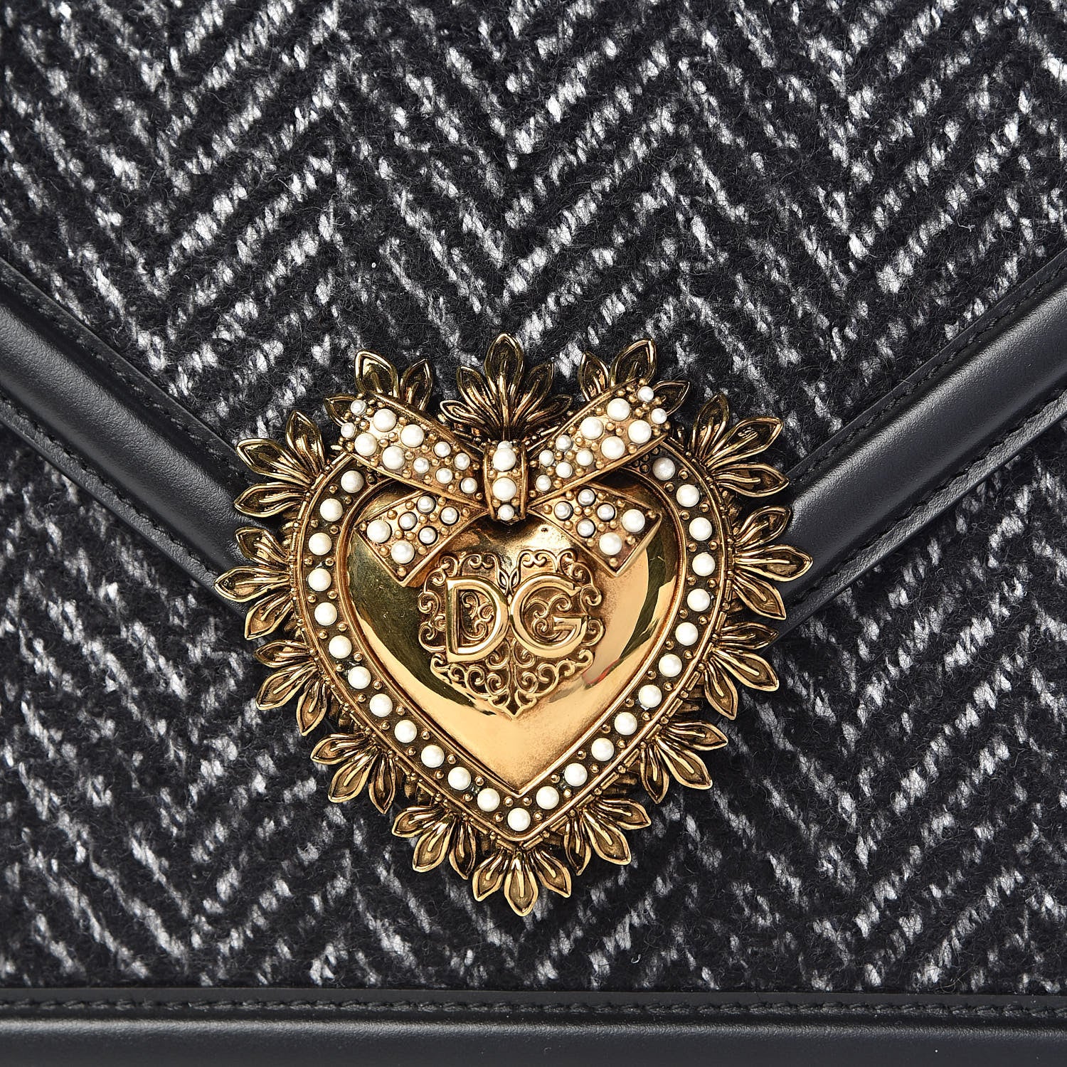 Dolce & Gabbana Calfskin Tweed Chevron Medium Devotion Top Handle Bag Black 9 of 9