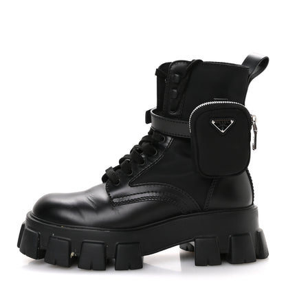 Prada Spazzolato Rois Nylon Metal Triangle Logo Monolith Pouch Pocket 55mm Boots 40 Black 1 of 8