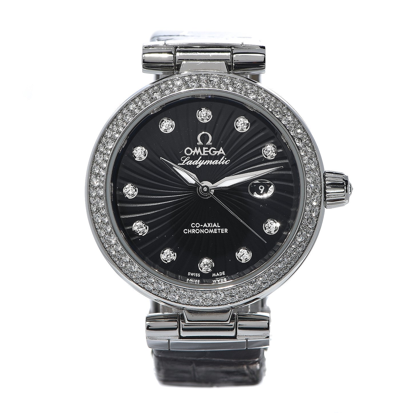 Stainless Steel Alligator Diamond Pave Bezel 34mm De-Ville Ladymatic Co-Axial Automatic Watch Black 425.35.34.20.51.001