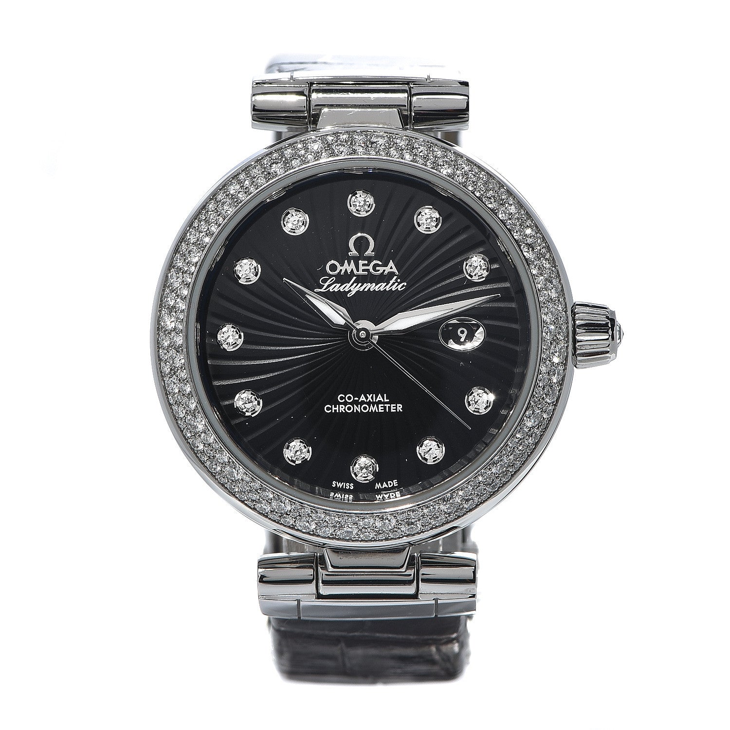 Omega Stainless Steel Alligator Diamond Pave Bezel 34mm De-Ville Ladymatic Co-Axial Automatic Watch Black 425.35.34.20.51.001 1 of 7