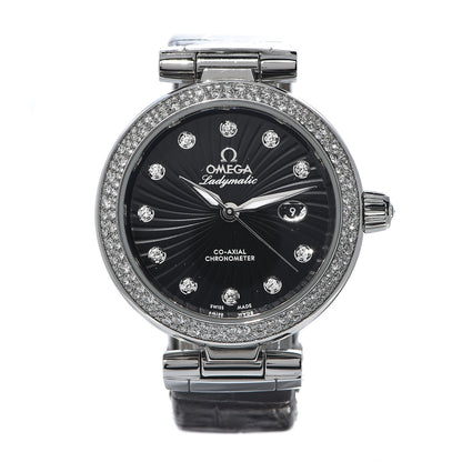 Omega Stainless Steel Alligator Diamond Pave Bezel 34mm De-Ville Ladymatic Co-Axial Automatic Watch Black 425.35.34.20.51.001 1 of 7