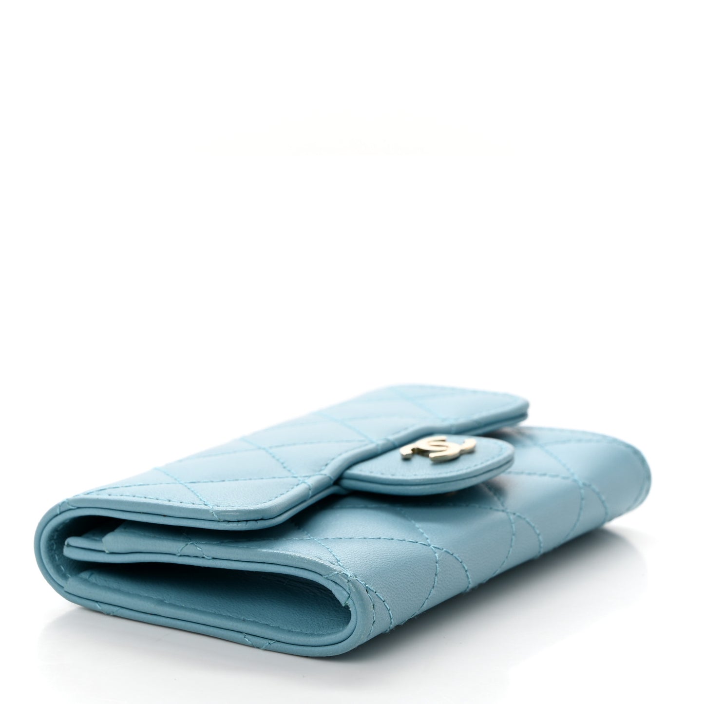 Lambskin Quilted Flap Card Holder Wallet Light Blue