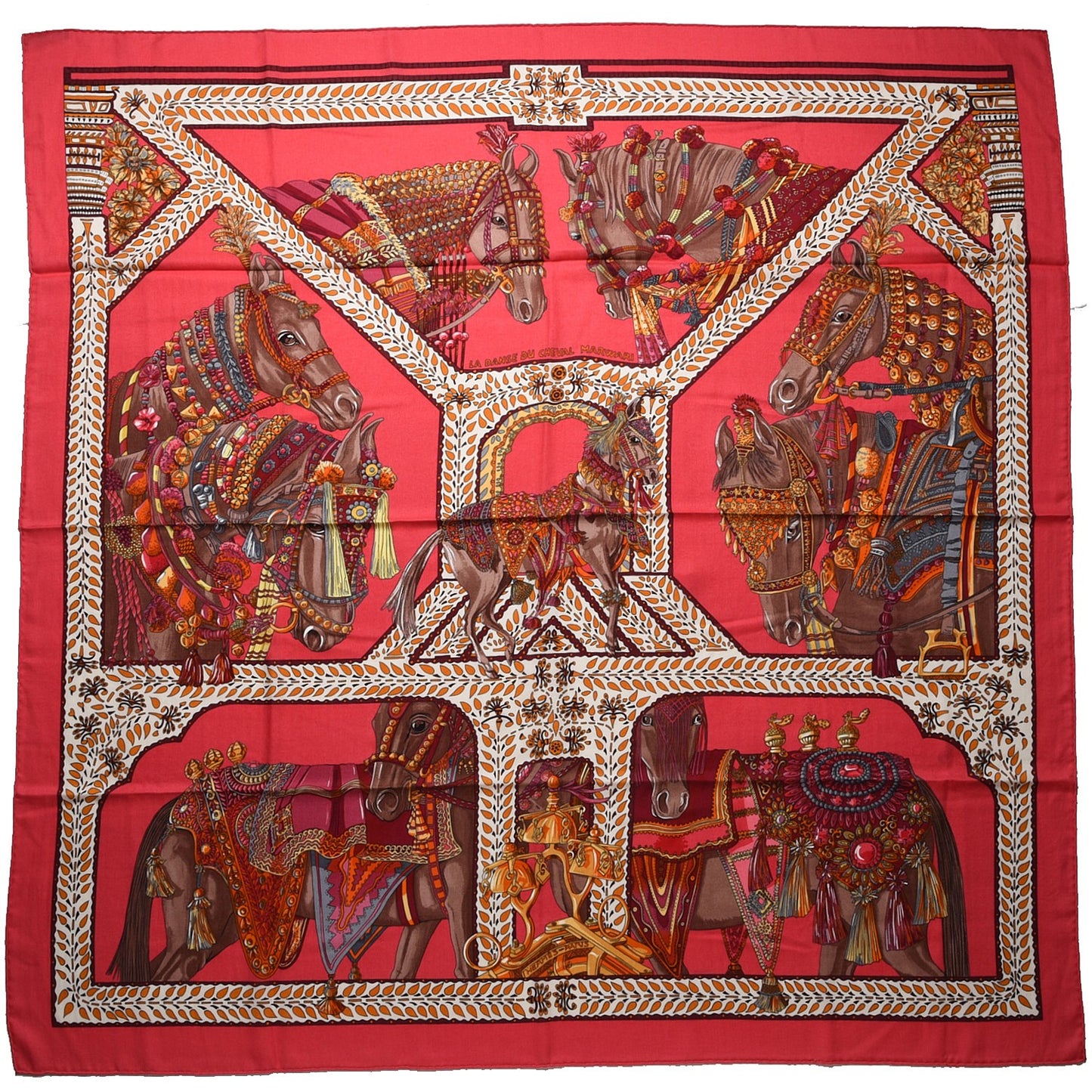 Cashmere Silk La Danse Du Cheval Marwari Shawl 140 Rose Vif Orange Fuchsia
