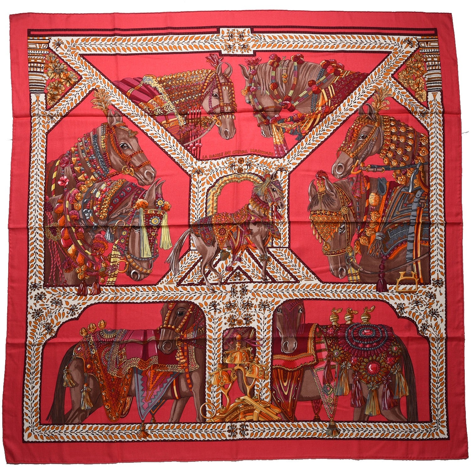 Hermes Cashmere Silk La Danse Du Cheval Marwari Shawl 140 Rose Vif Orange Fuchsia 1 of 5