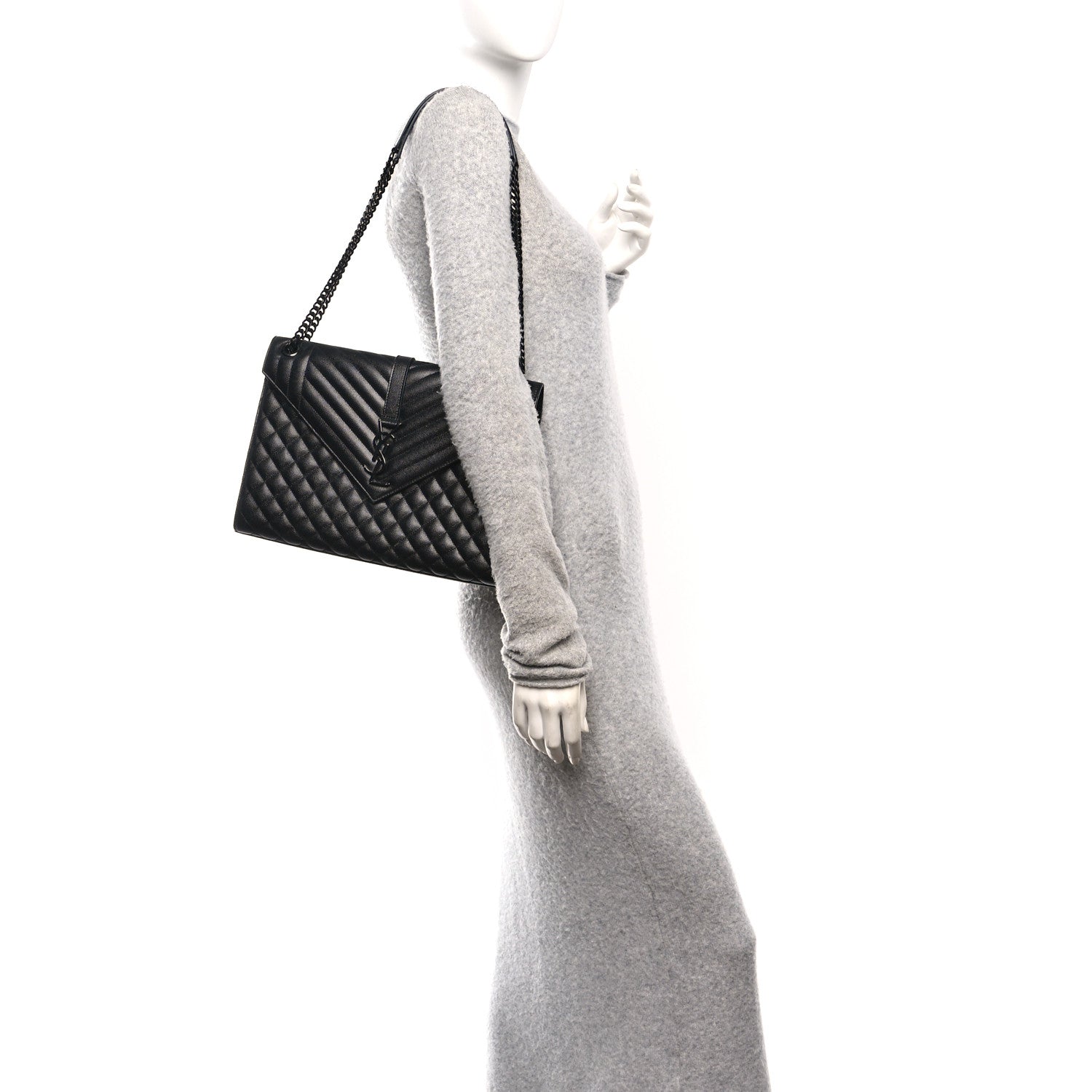 Saint Laurent Grain De Poudre Textured Mixed Matelasse Large Triquilt Monogram Monochrome Satchel Black 2 of 12