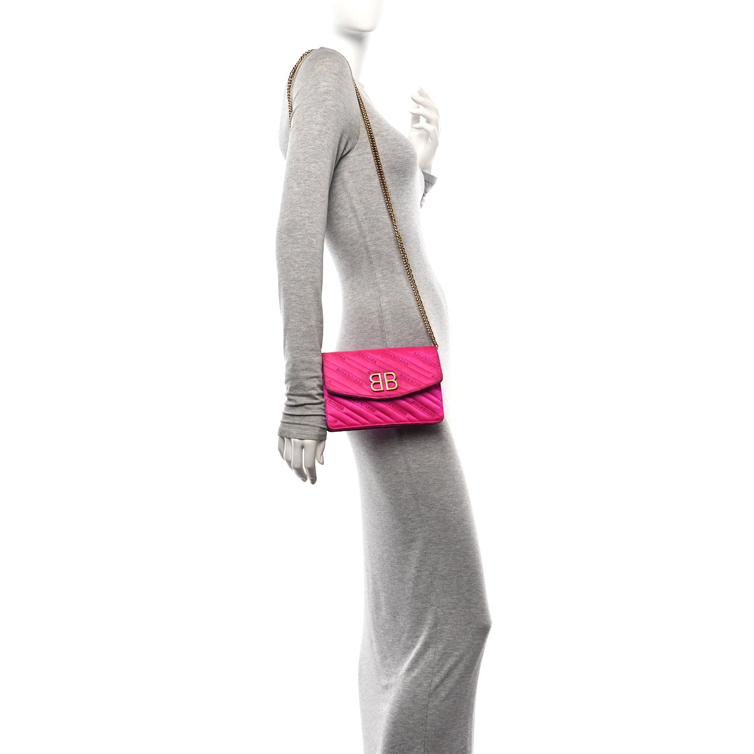 Balenciaga Satin Jacquard Logo Matelasse BB Wallet On Chain Fuchsia 2 of 13